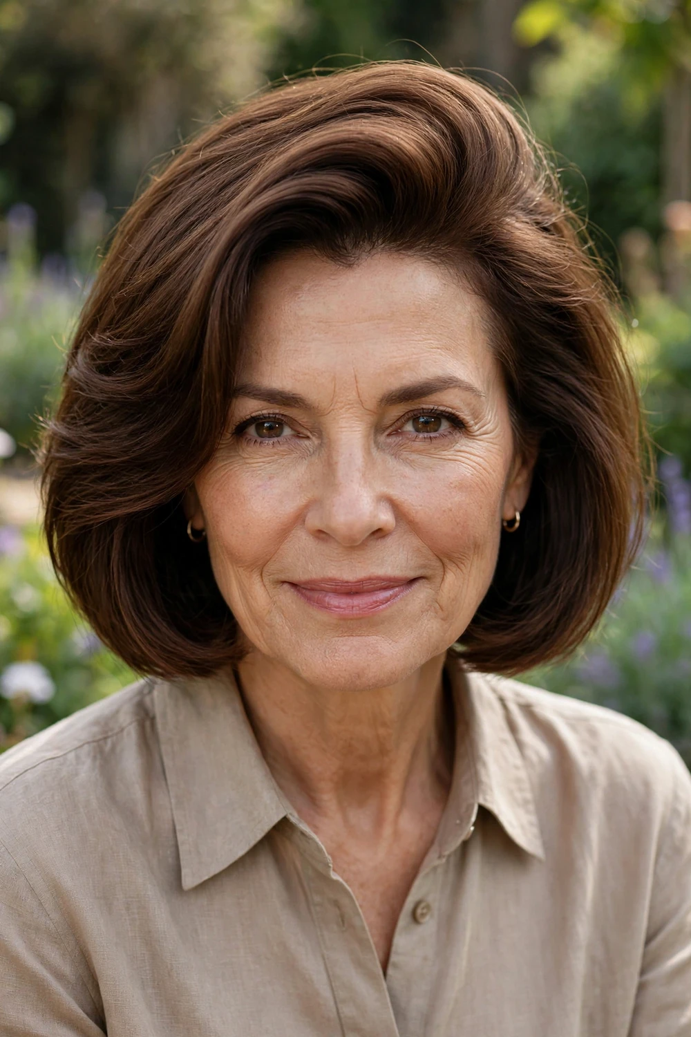 Woman in her 60s with a deep side-parted brown bob, asymmetric volume on top