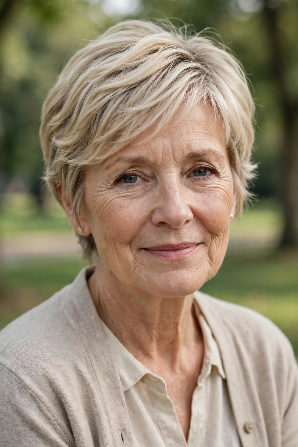 Woman in her 60s with a feathered blonde pixie, soft airy layers sweeping back