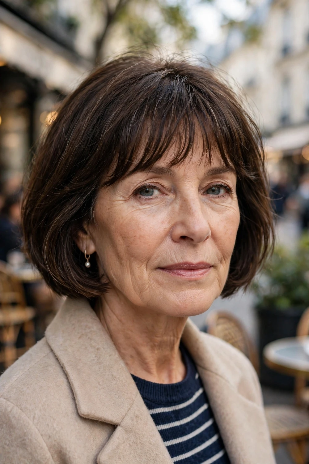 Woman in her 60s with a French brunette bob at jaw length with a soft full fringe