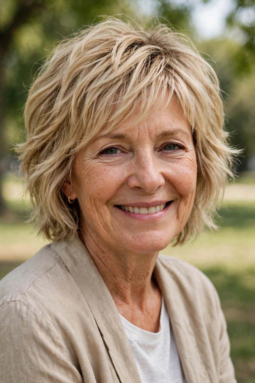 Woman in her 60s with a grown-out blonde pixie shixie, longer top with soft texture