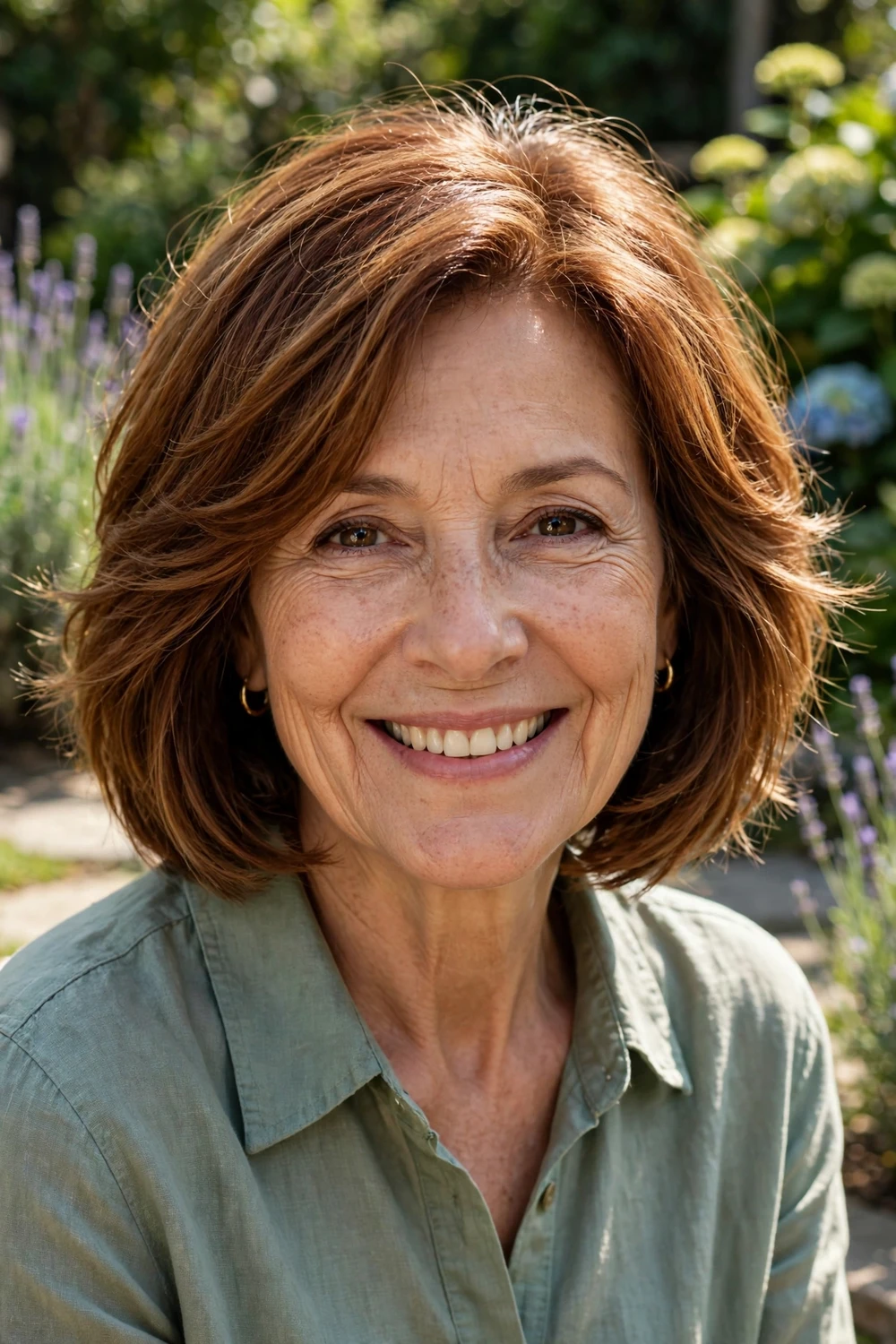 Woman in her 60s with a layered auburn bob, light layers adding movement at chin length