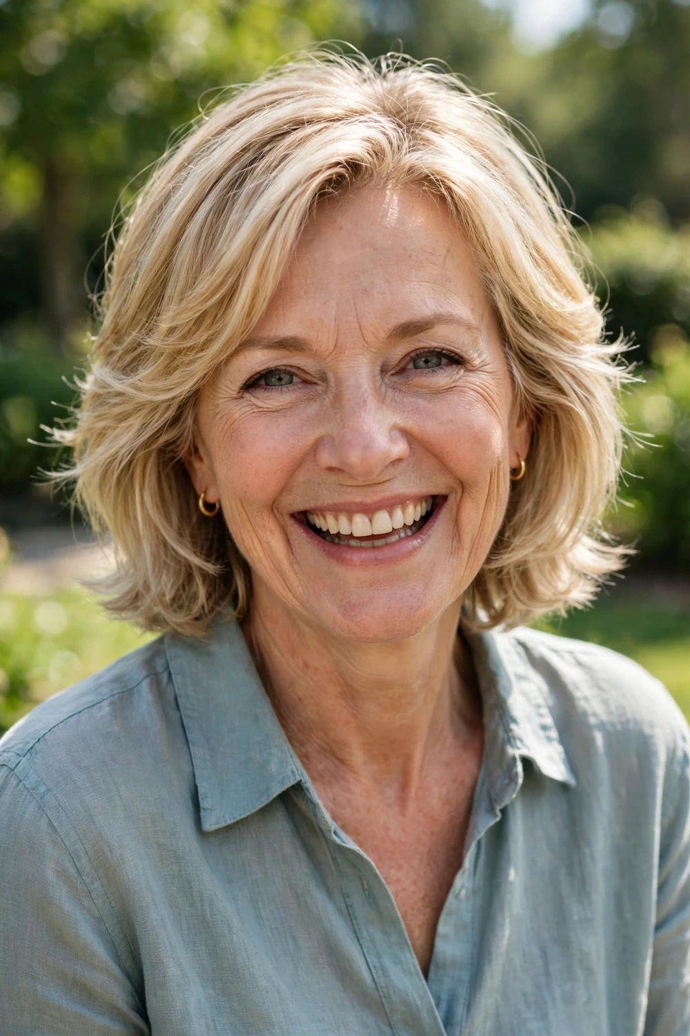 Woman in her 60s with a layered blonde lob falling just above the shoulders