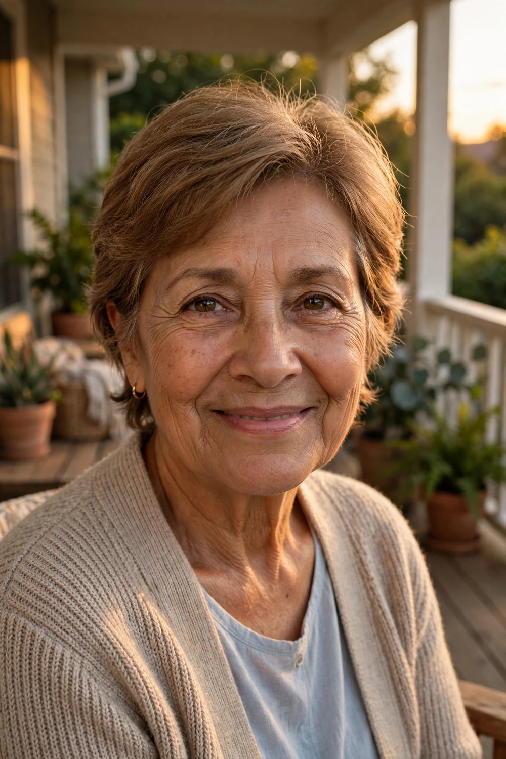 Woman in her 60s with a layered light brown short crop, subtle layers adding shape