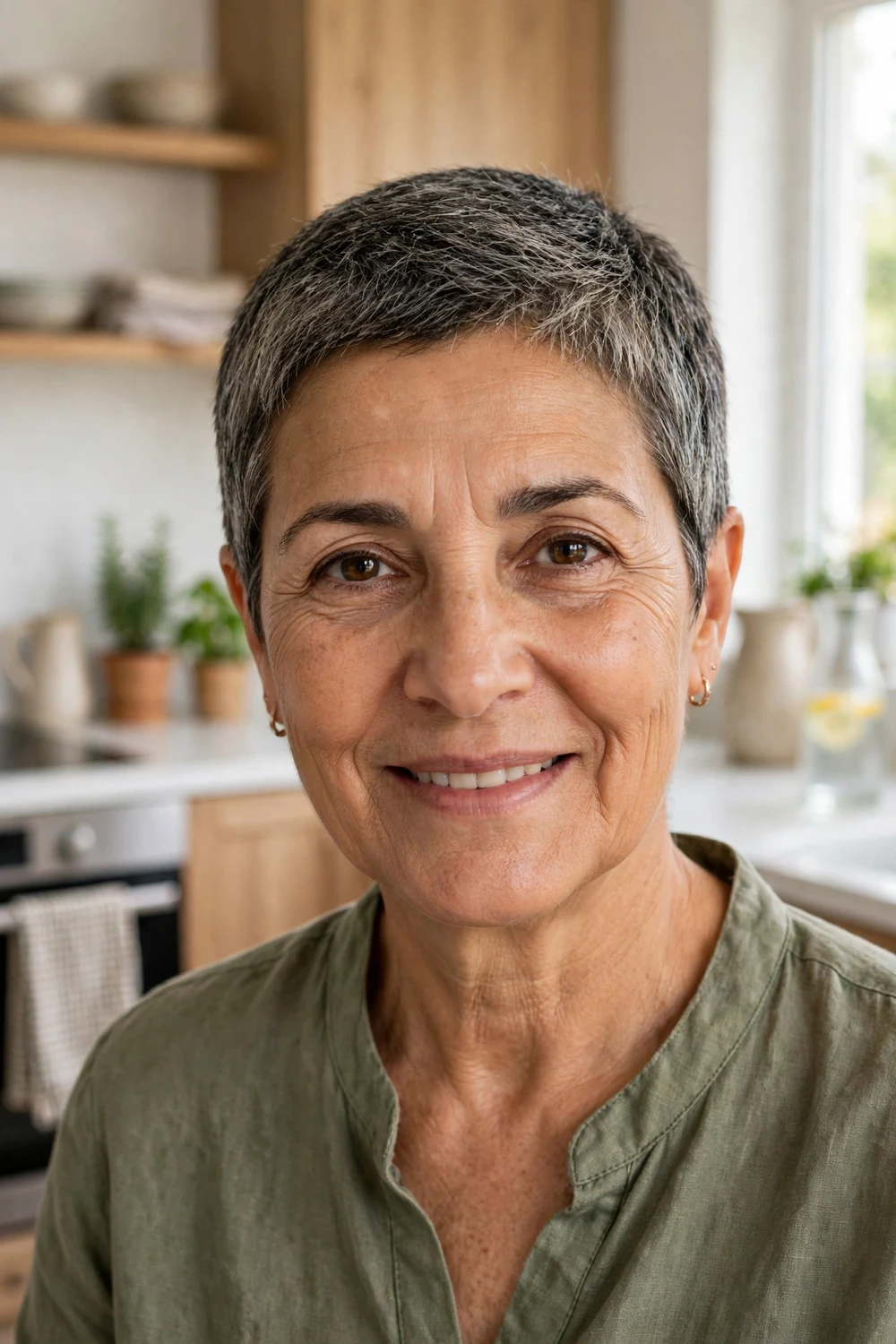 Woman in her 60s with a minimal salt-and-pepper styling crop, clean and simple