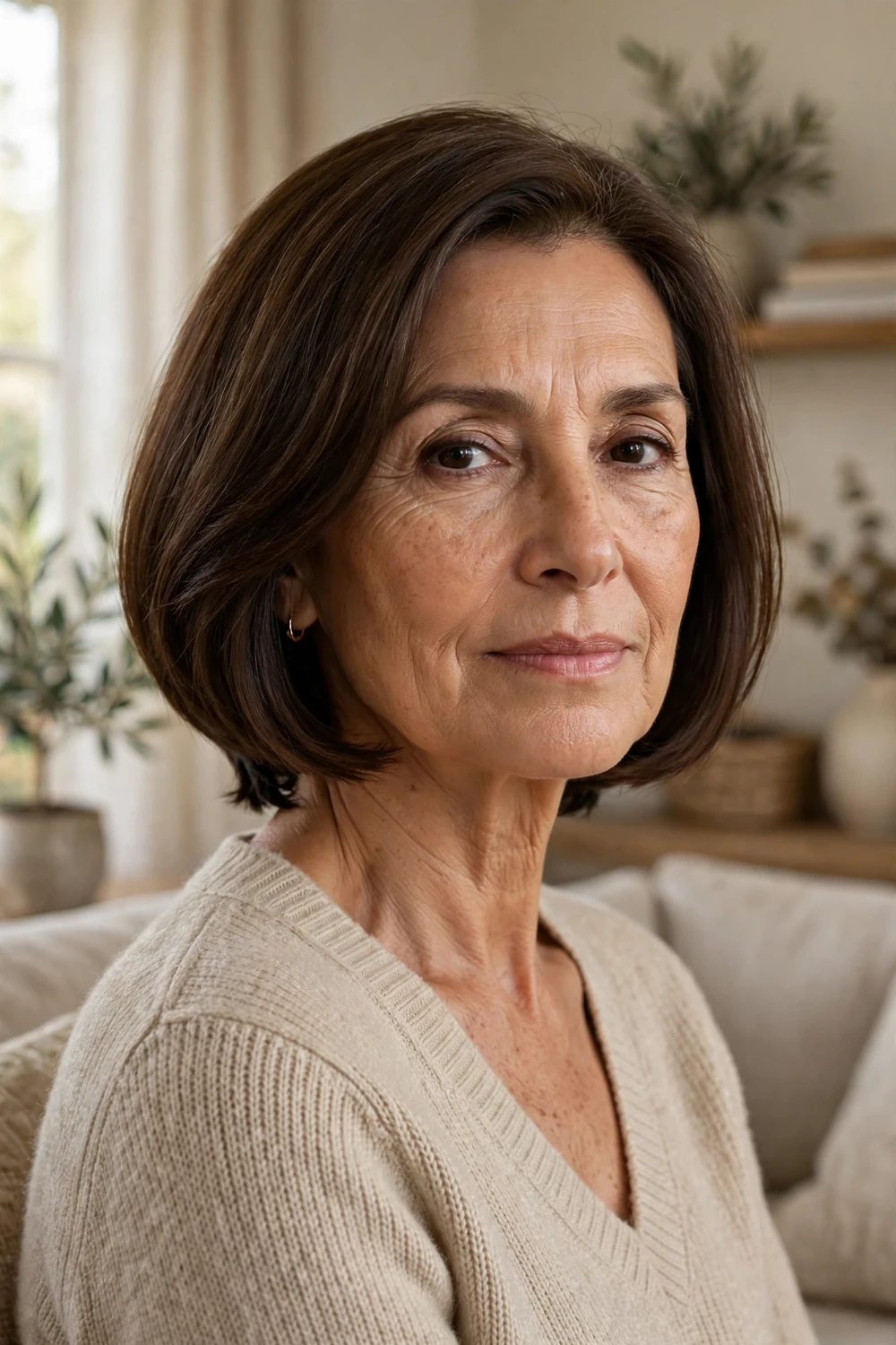 Woman in her 60s with a brunette bob featuring a hidden undercut at the nape