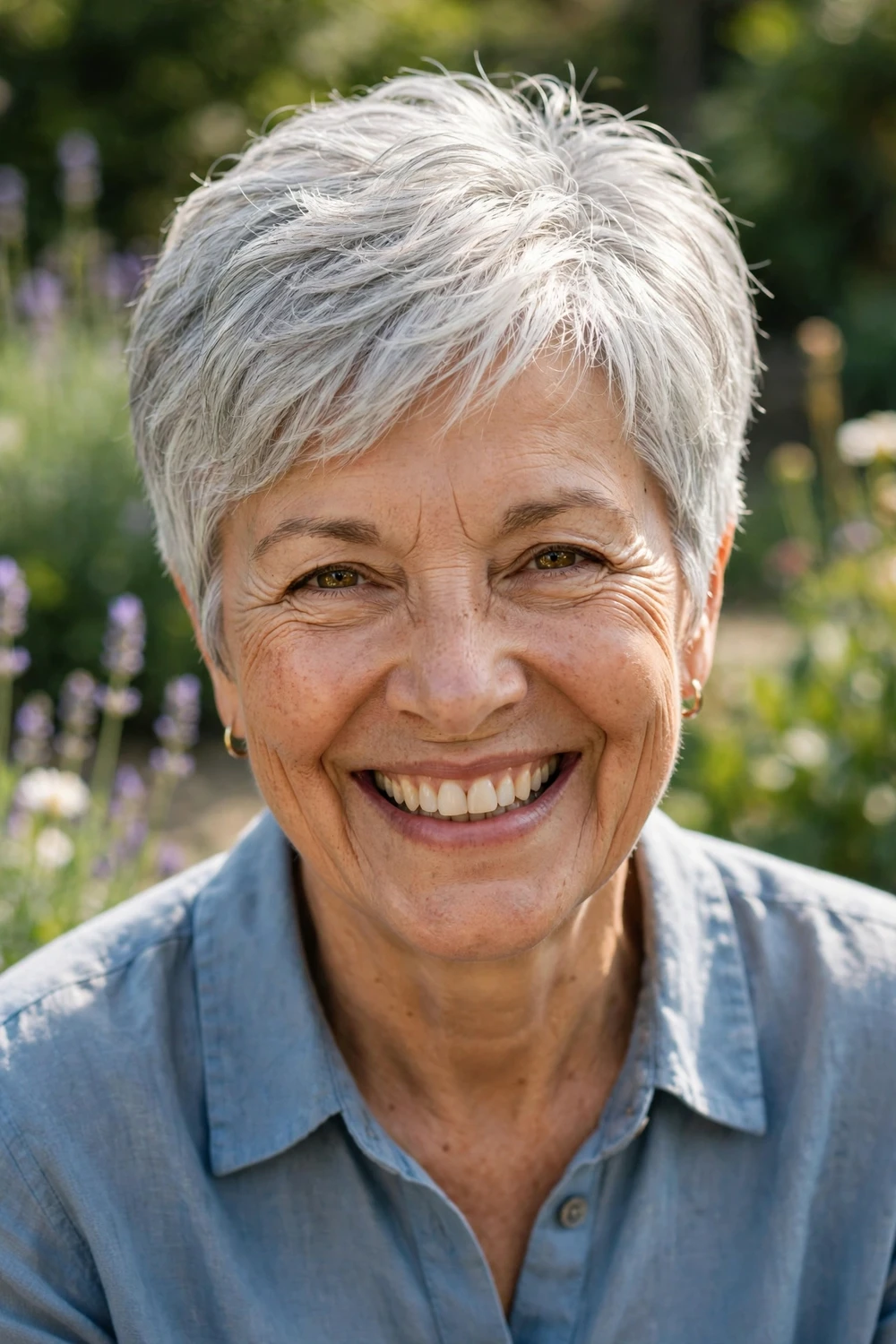 Woman in her 60s with a natural white-gray textured cut, embracing her gray color