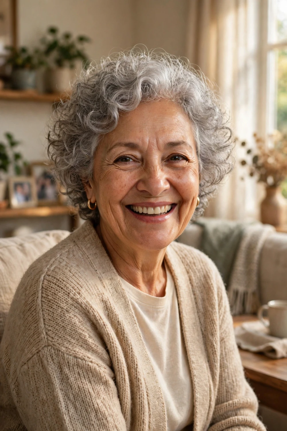 Woman in her 60s with permed soft gray curls, lasting volume in a short cut