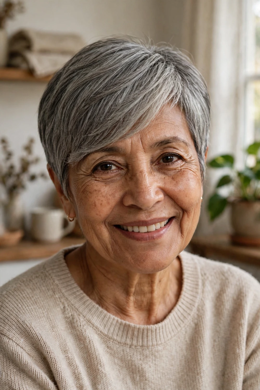 Woman in her 60s with a gray pixie and long side-swept fringe across the forehead