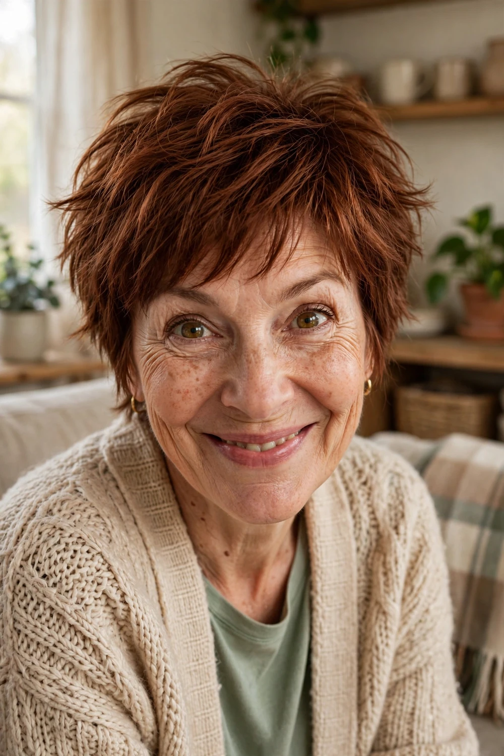Woman in her 60s with a short shaggy auburn cut, choppy textured ends