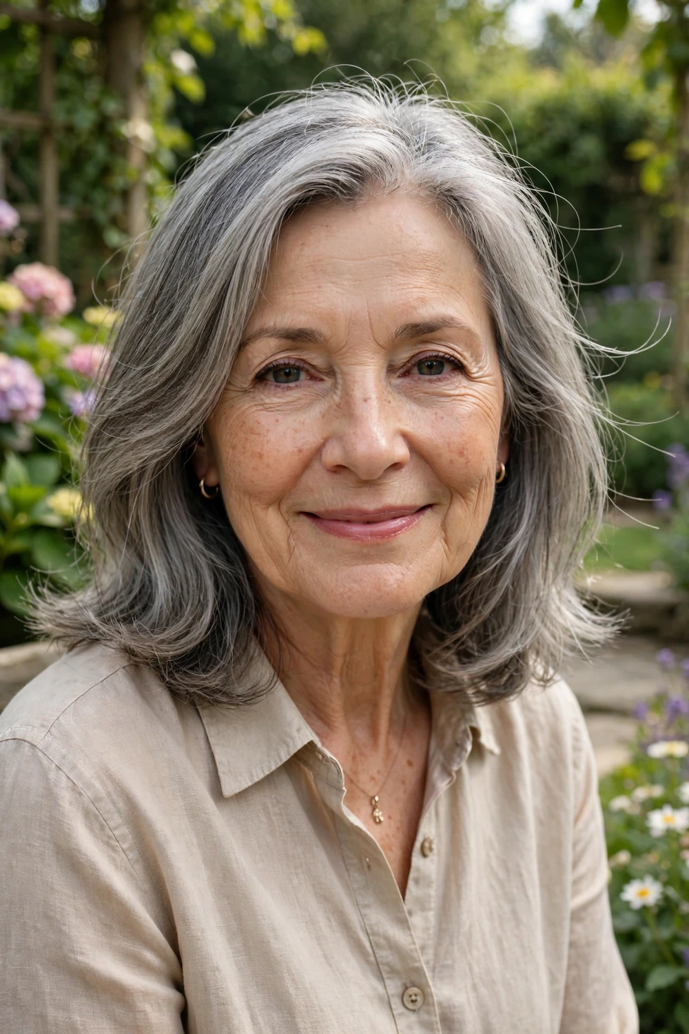 Woman in her 60s with shoulder-length gray hair, light layers adding gentle movement