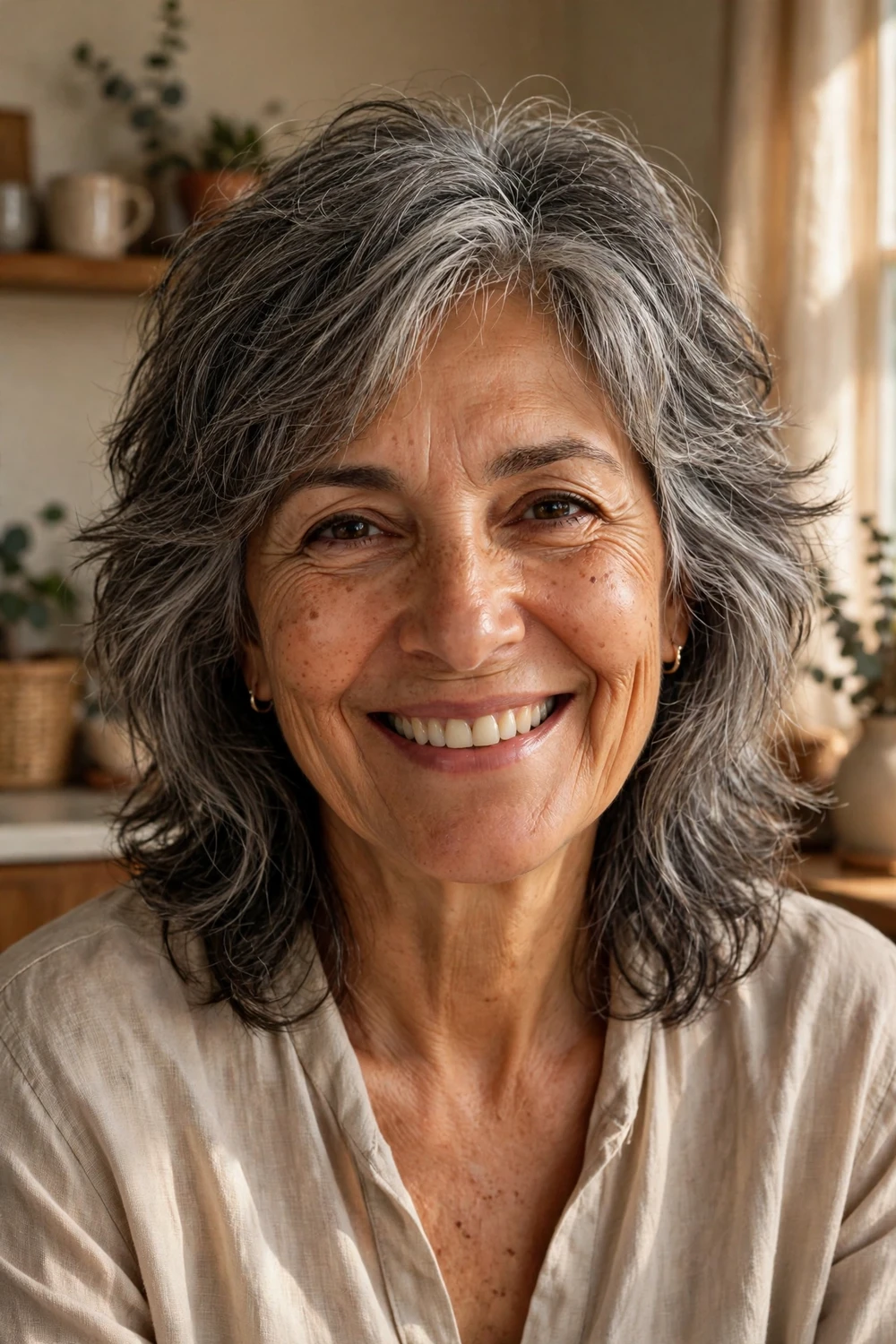 Woman in her 60s with a soft salt-and-pepper shag, relaxed textured layers