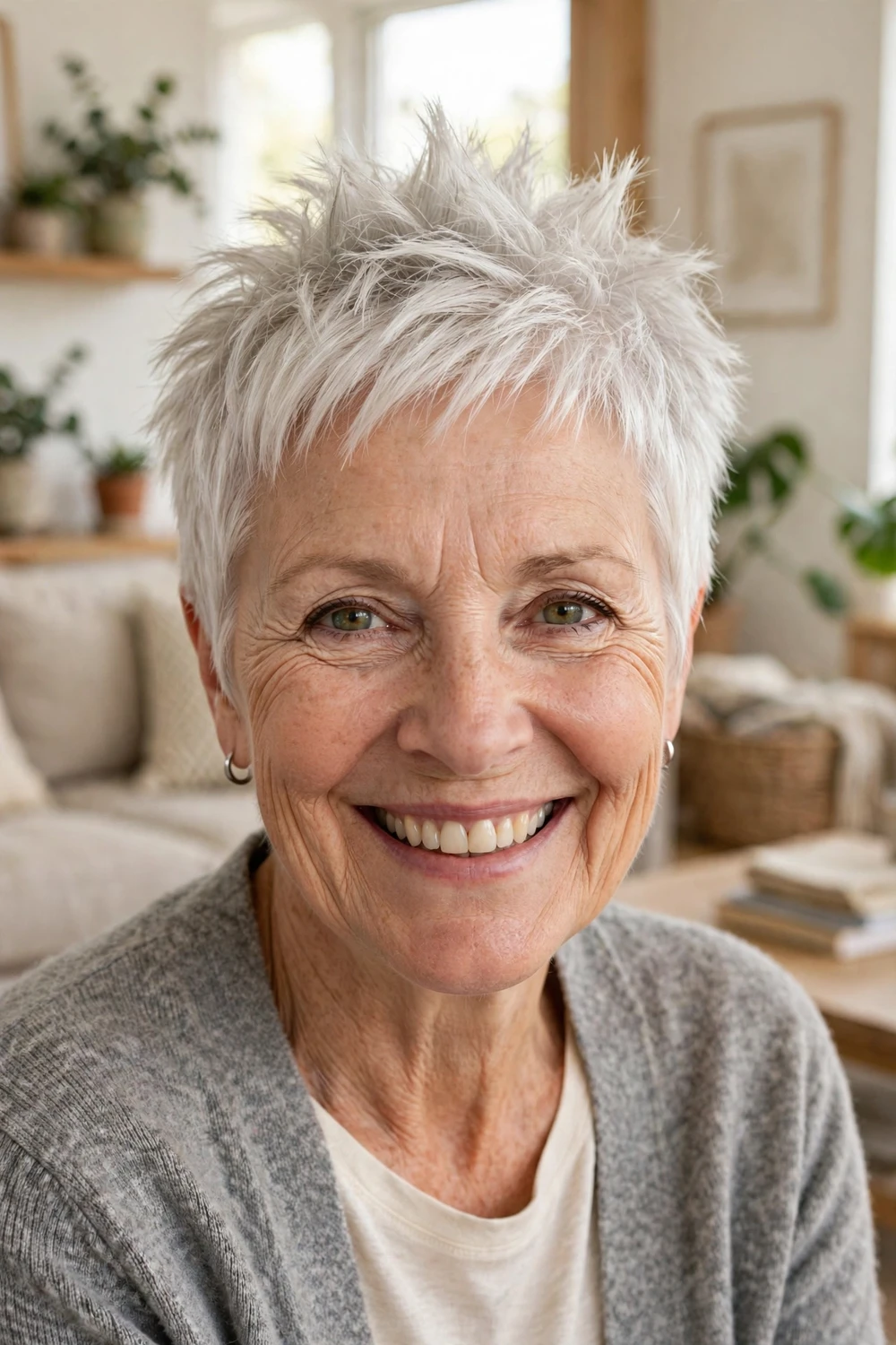 Woman in her 60s with a soft spiky white pixie, gentle texture on top