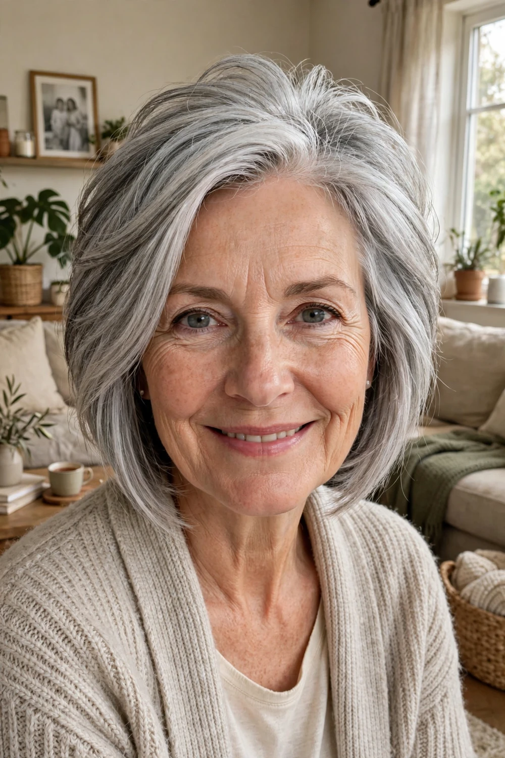 Woman in her 60s with a stacked silver bob, graduated layers creating crown volume