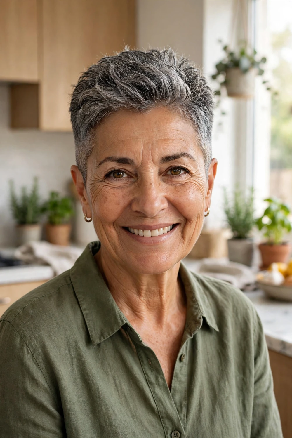 Woman in her 60s with a tapered salt-and-pepper crop, neat sides and volume on top