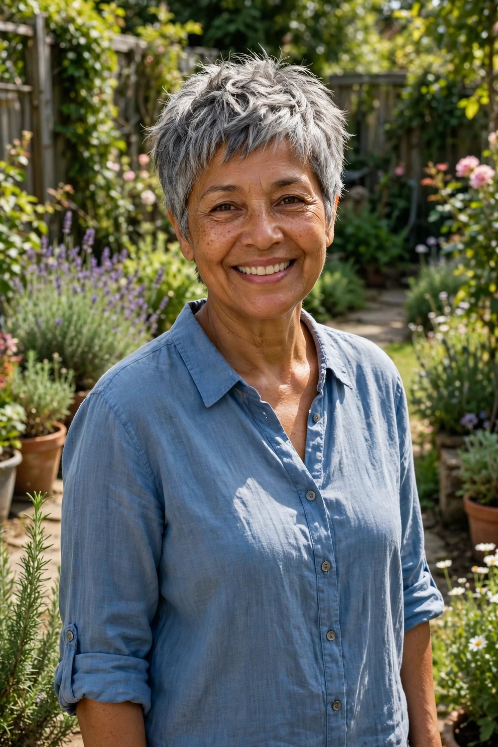 Woman in her 60s with a textured gray pixie, choppy layers creating piecey fullness