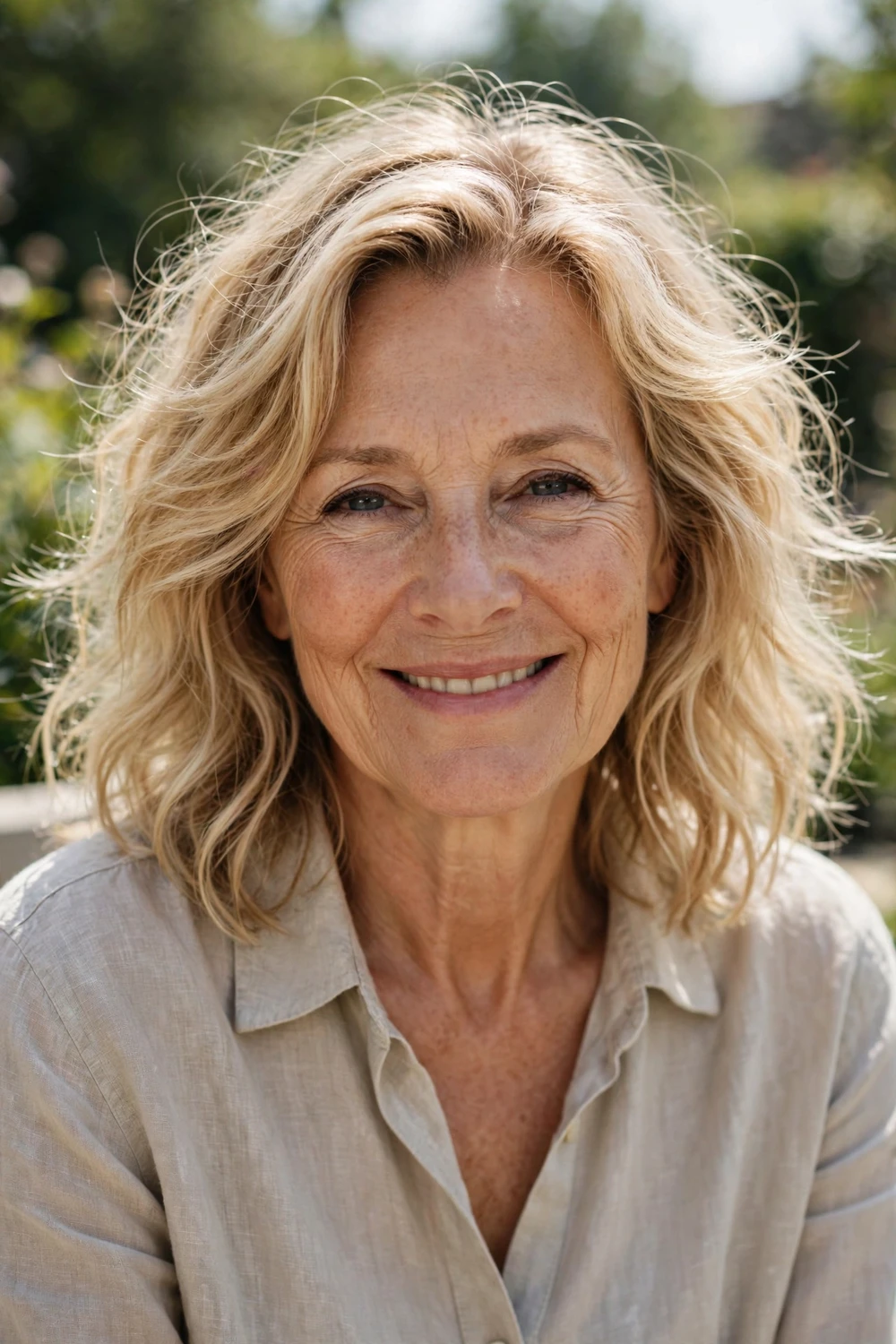 Woman in her 60s with tousled wavy blonde hair at shoulder length, relaxed texture