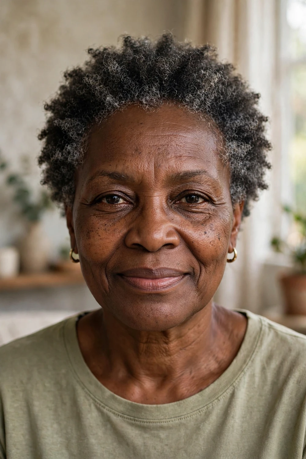 Woman in her 60s with a wash-and-go salt-and-pepper cut, natural air-dried texture