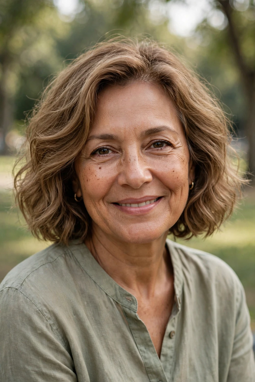 Woman in her 60s with a wavy light brown bob, soft natural waves adding fullness