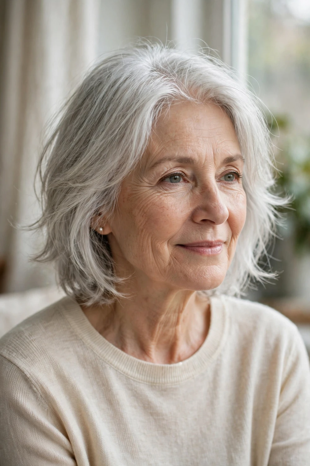 Woman in her 60s with a wispy silver layered cut, soft thin ends with no heaviness