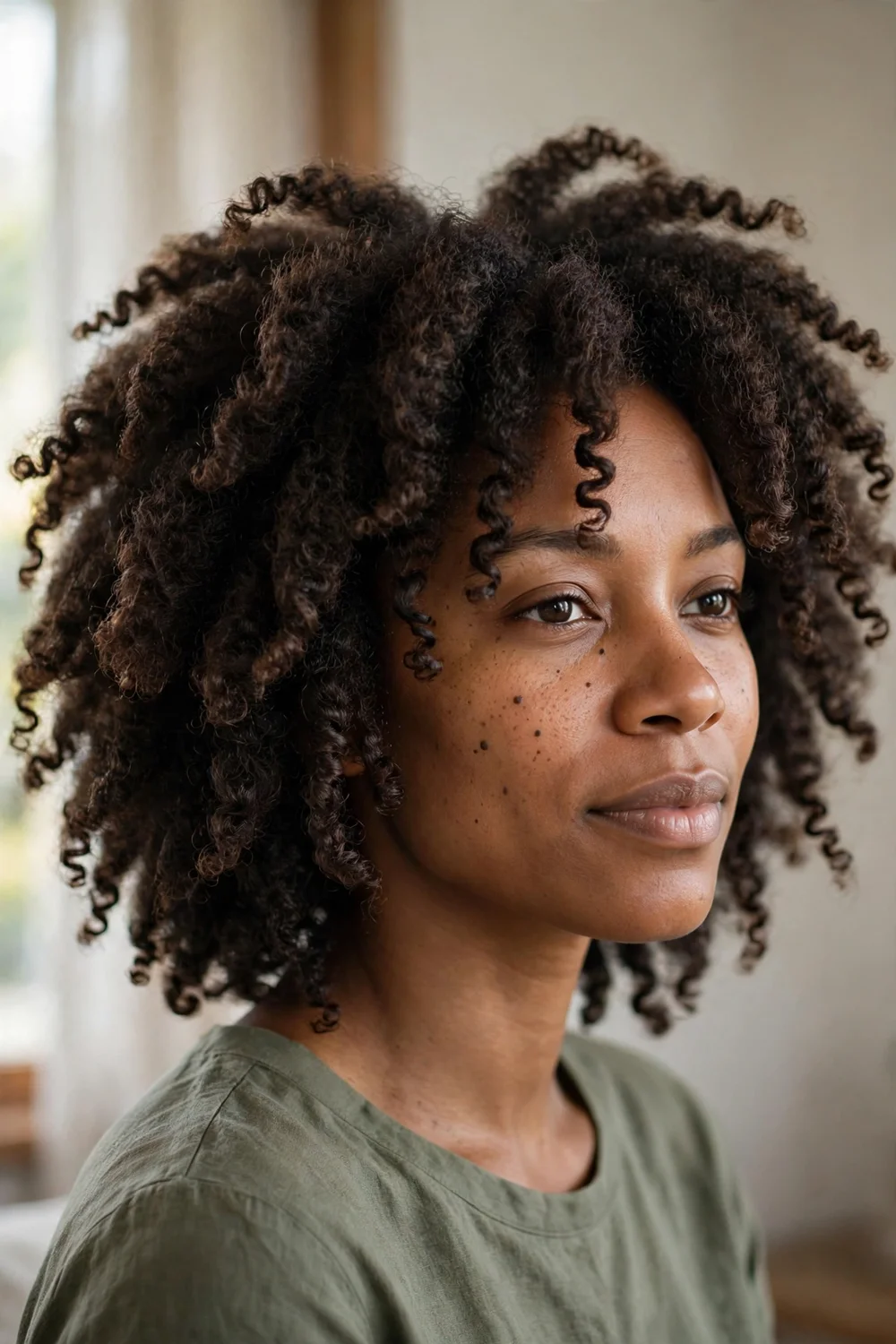 Layered curly afro with face-framing lengths on a woman