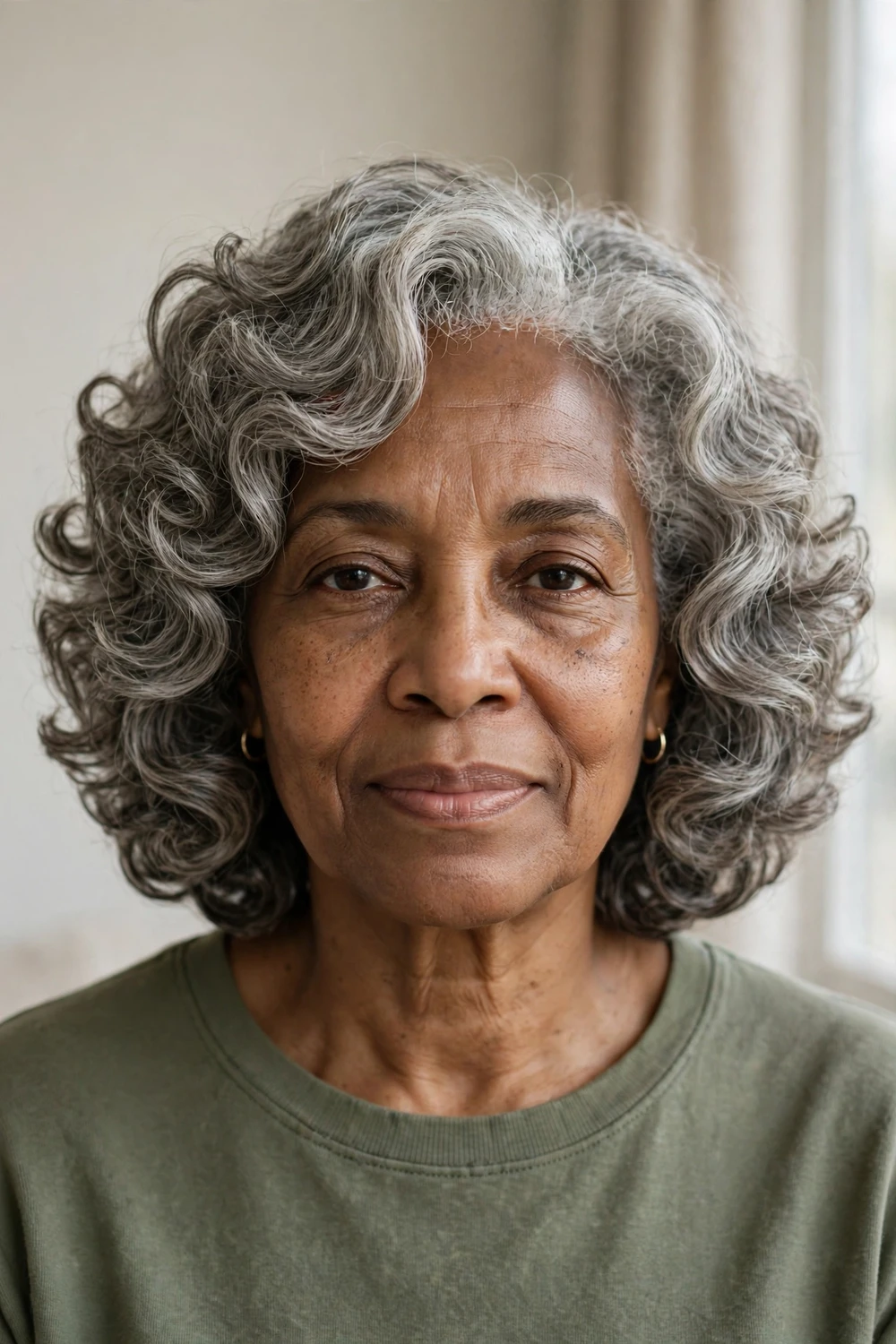 Layered curly bob with natural gray curls on a woman over 50