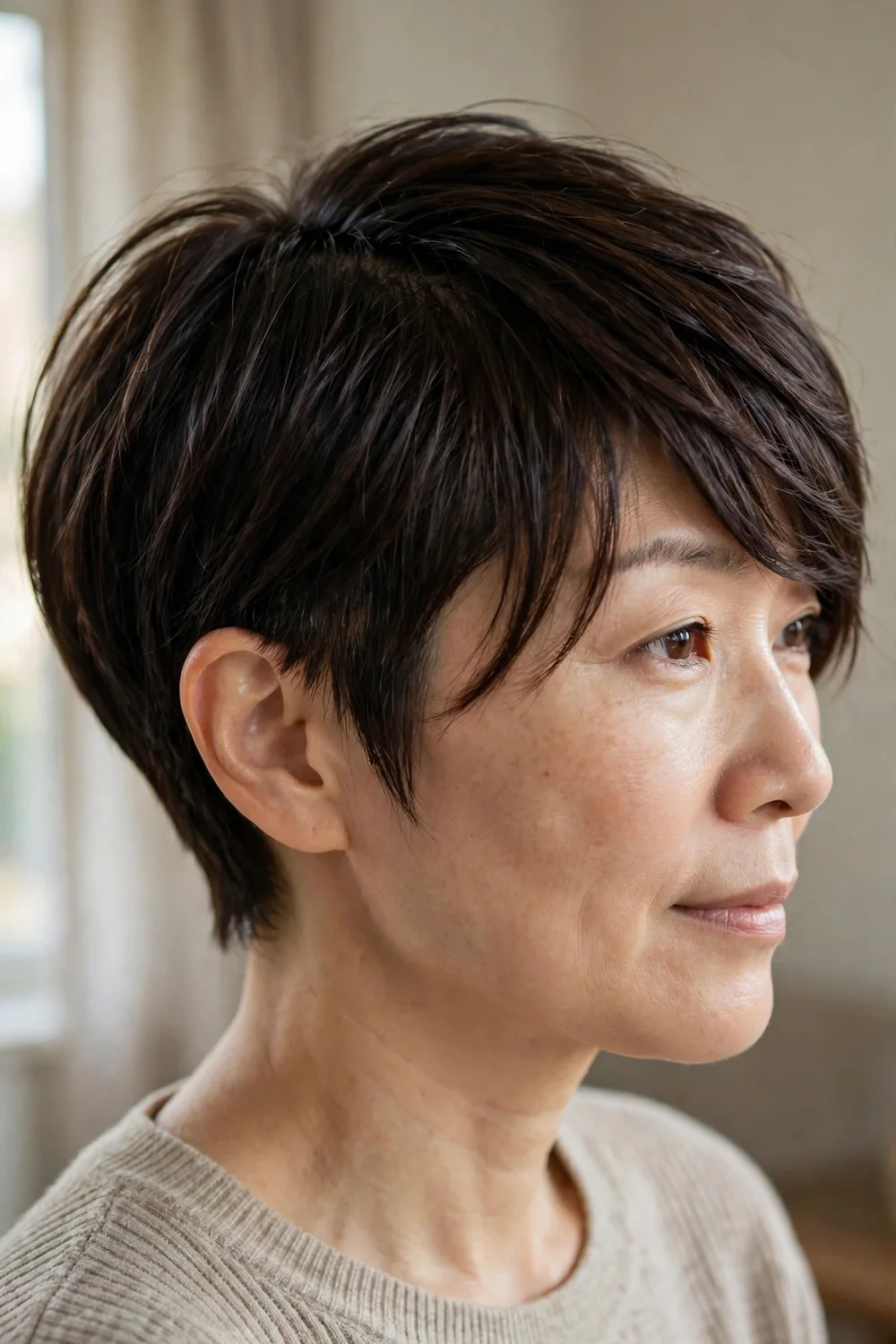 Layered pixie bob with a deep side part and asymmetric sweeping layers