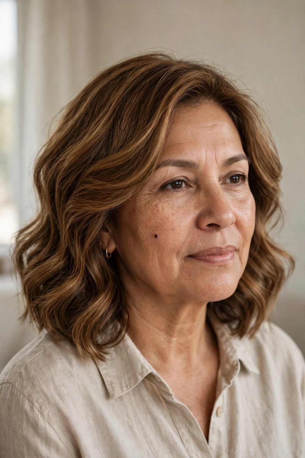 Layered wavy lob with loose waves on a woman over 50