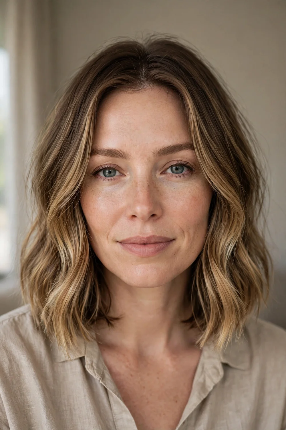 Long bob at collarbone length with hand-painted lived-in balayage highlights