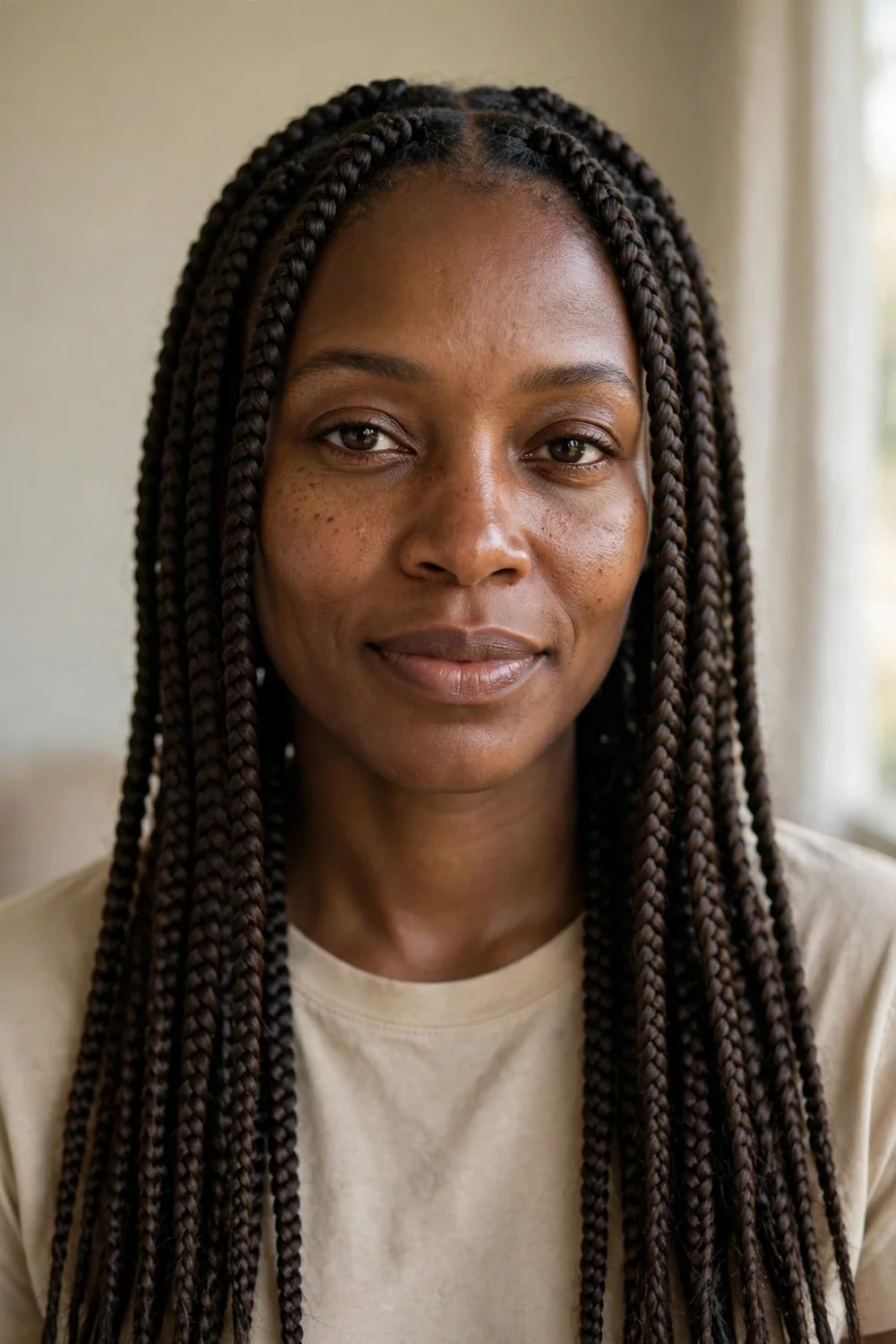 Long box braids worn loose as a protective low-maintenance style