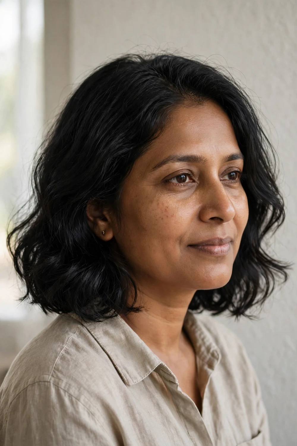 Woman with a low-maintenance long-layer wavy bob