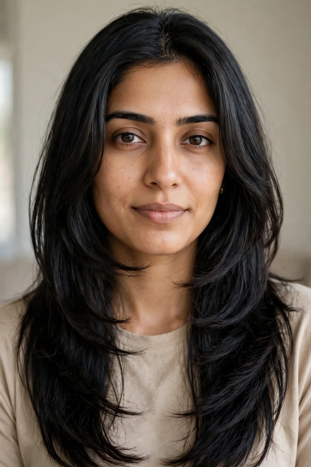 Long layered haircut with face-framing pieces at the chin