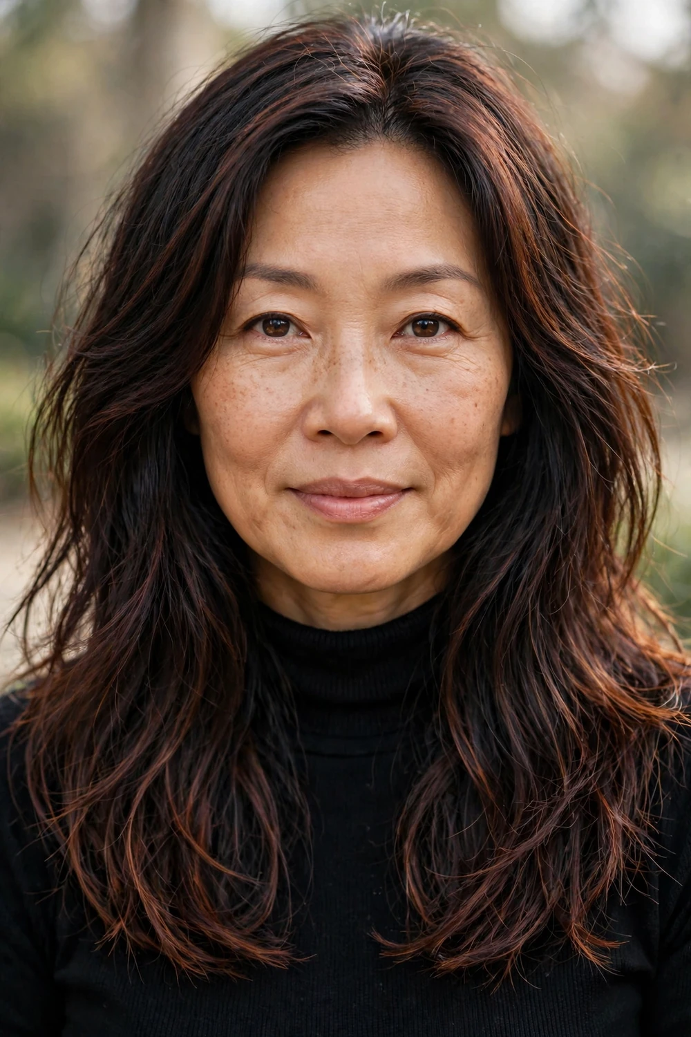 Woman with a low-maintenance long shag haircut showing a blunt perimeter and hidden interior layers, air-dried