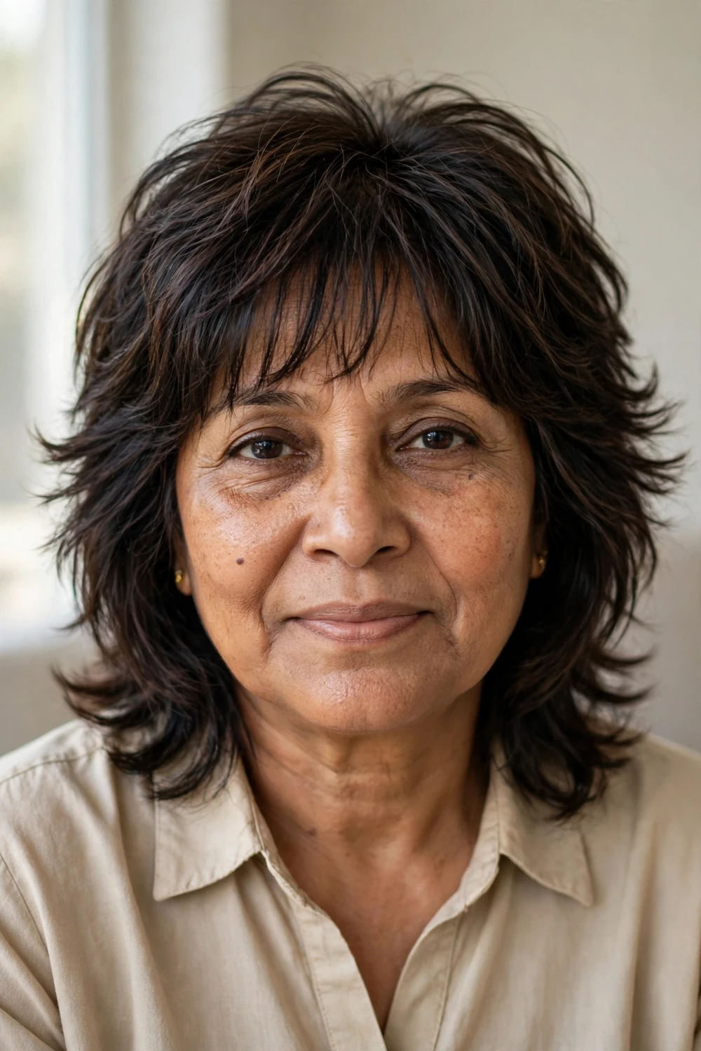 Medium layered shag with wispy fringe on a woman over 50