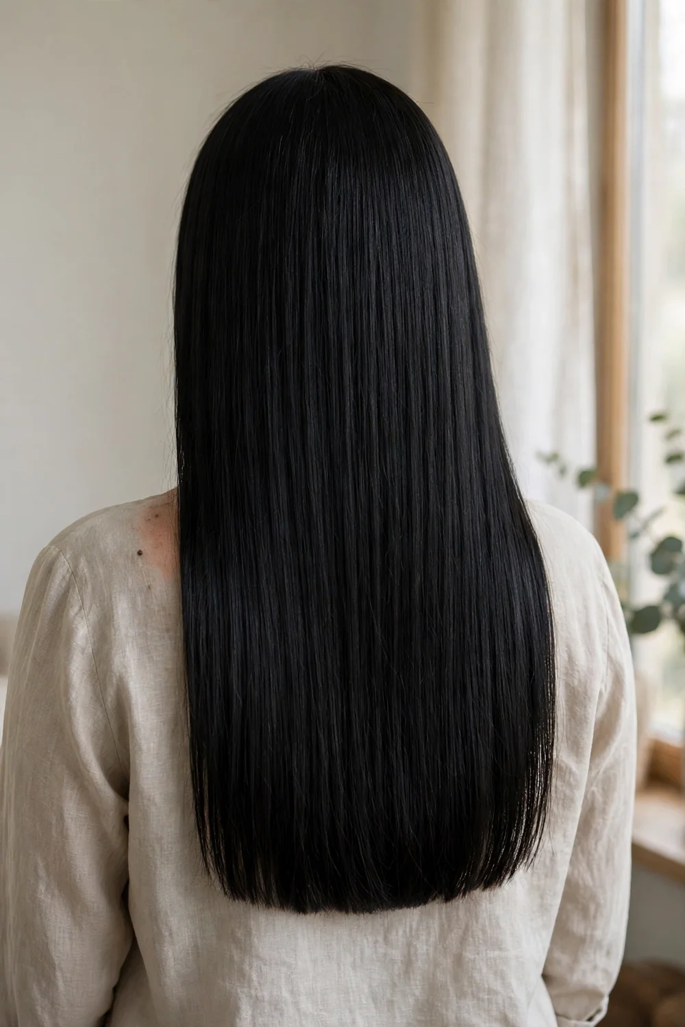 One-length long haircut with a clean even hemline worn straight
