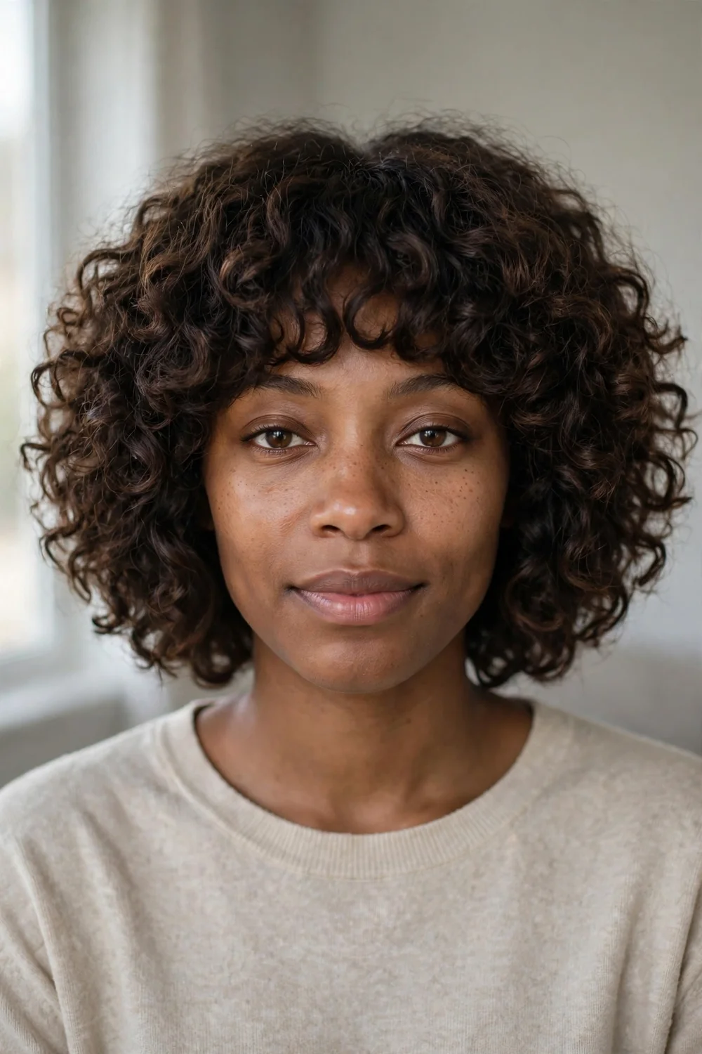Rounded curly shag at chin length with fluffy bangs