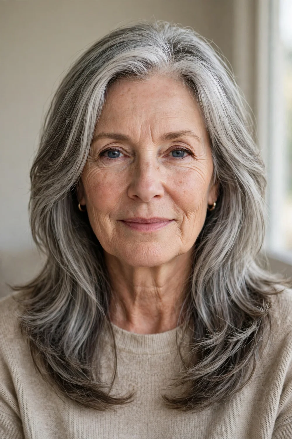 Long salt-and-pepper layers with soft silvery gray highlights