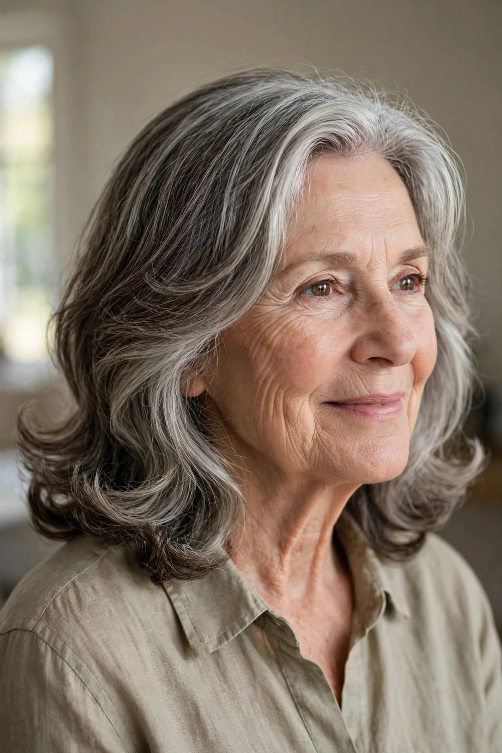 Salt-and-pepper lob with soft curled ends on a woman over 50