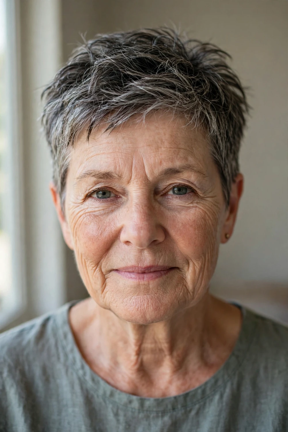 Salt-and-pepper textured crop on a woman over 50 with fine hair