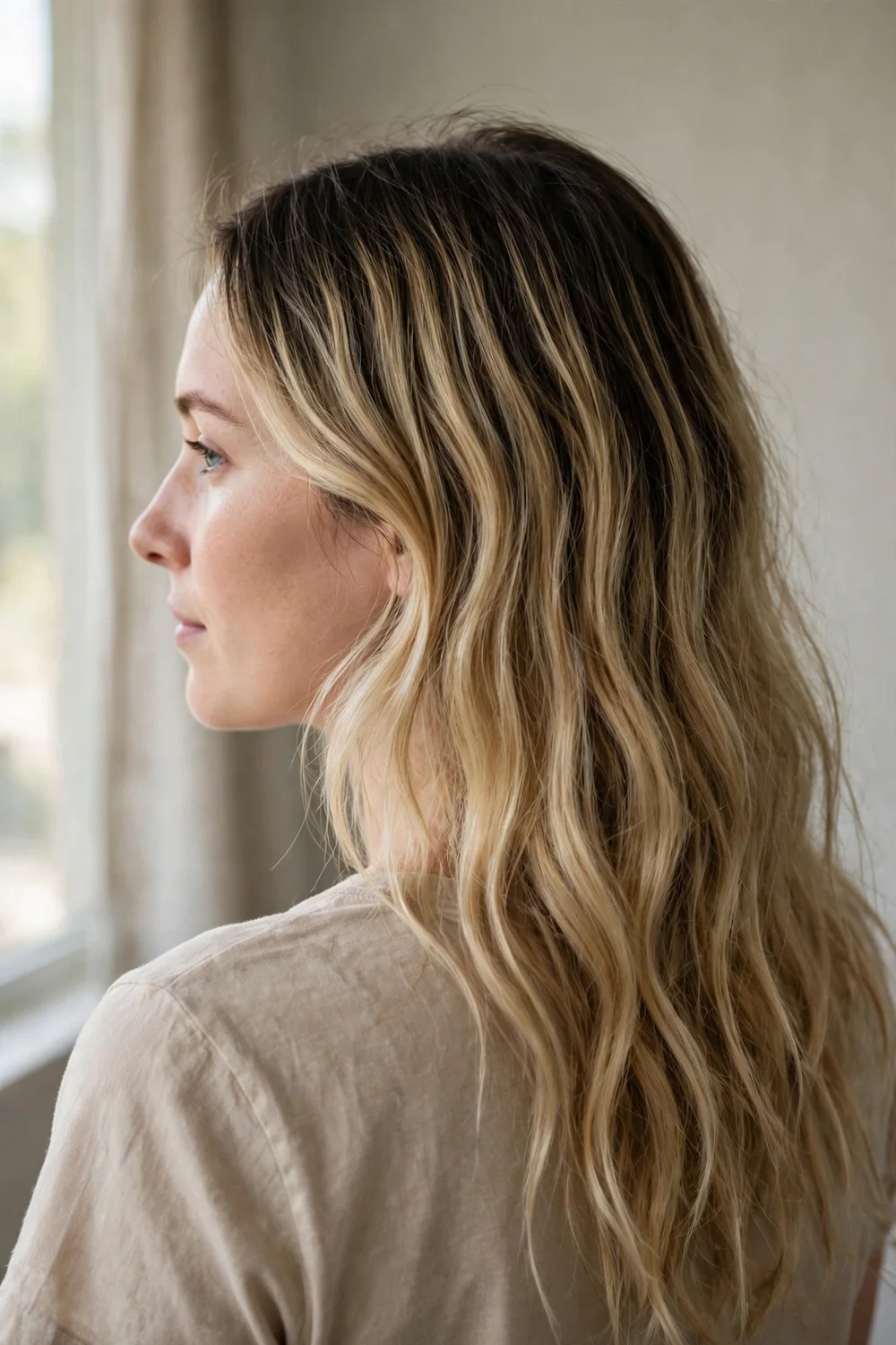 Shadow roots hairstyle with natural dark roots blending into blonde lengths