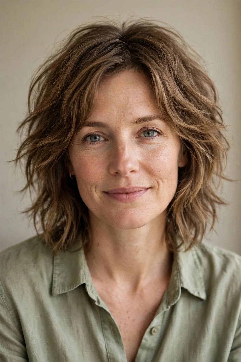 Woman in her mid-30s with light brown hair in a classic air-dried shag with soft choppy layers