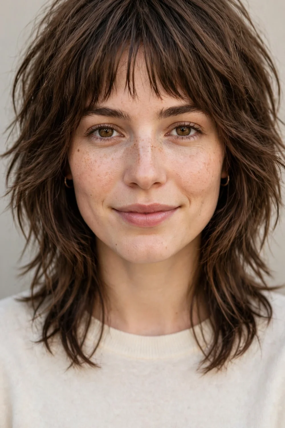 Woman in her 20s with medium brown hair in a shag with bottleneck bangs widening at the cheekbones