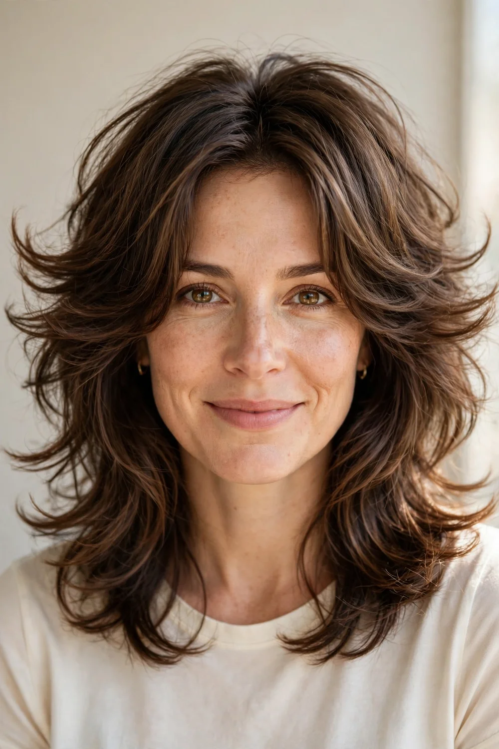 Woman in her 30s with brunette hair in an airy butterfly shag with long fluttery layers