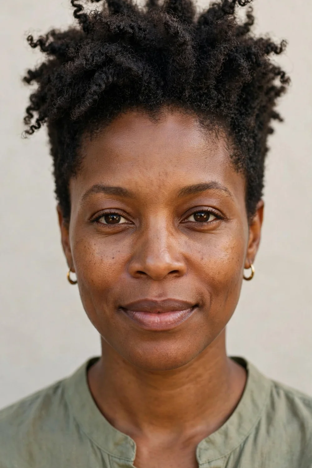 Black woman in her 30s with coily natural hair in a tapered shag with a full crown