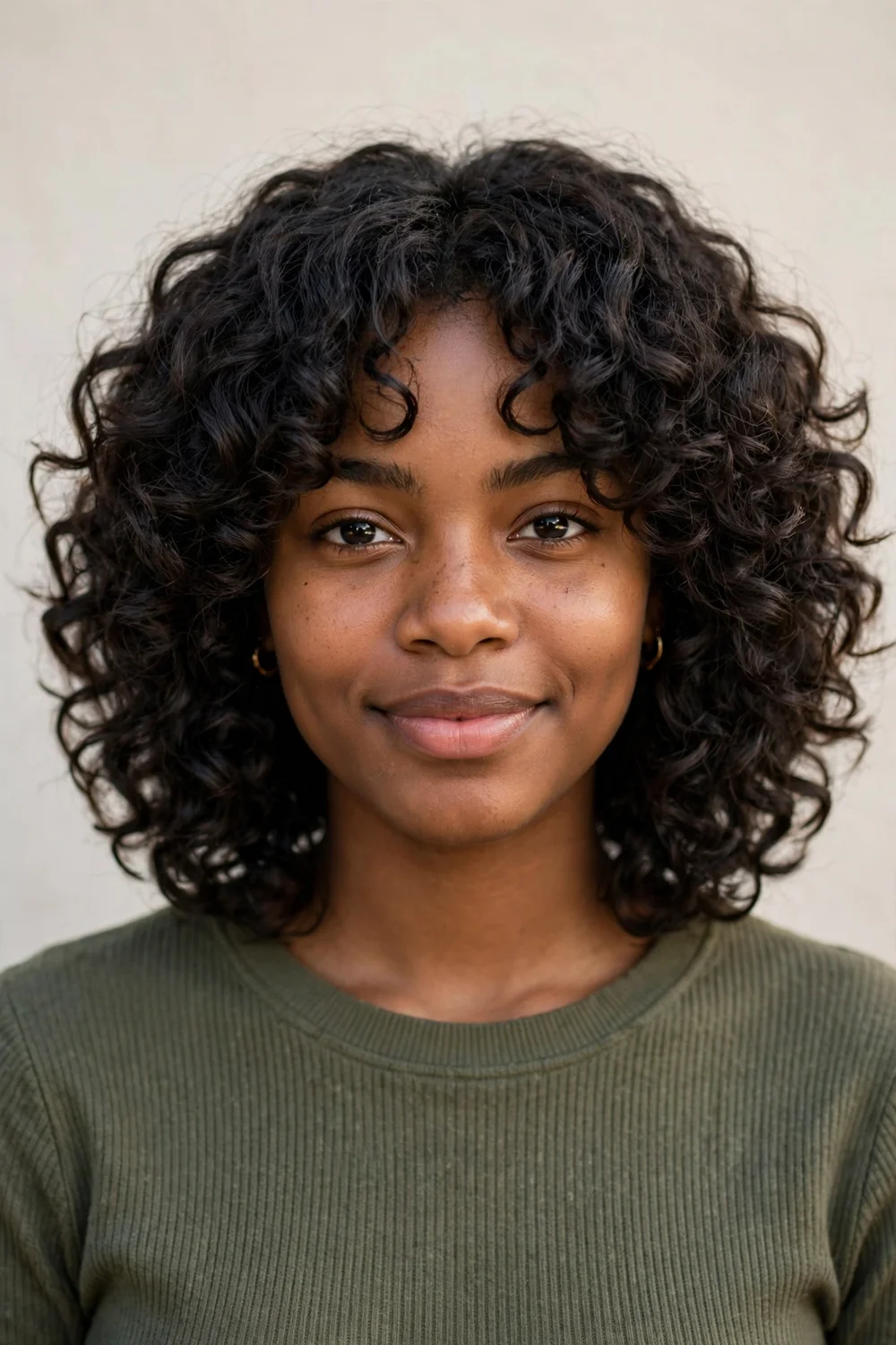 Young Black woman with defined curls in a layered curly shag with a rounded silhouette