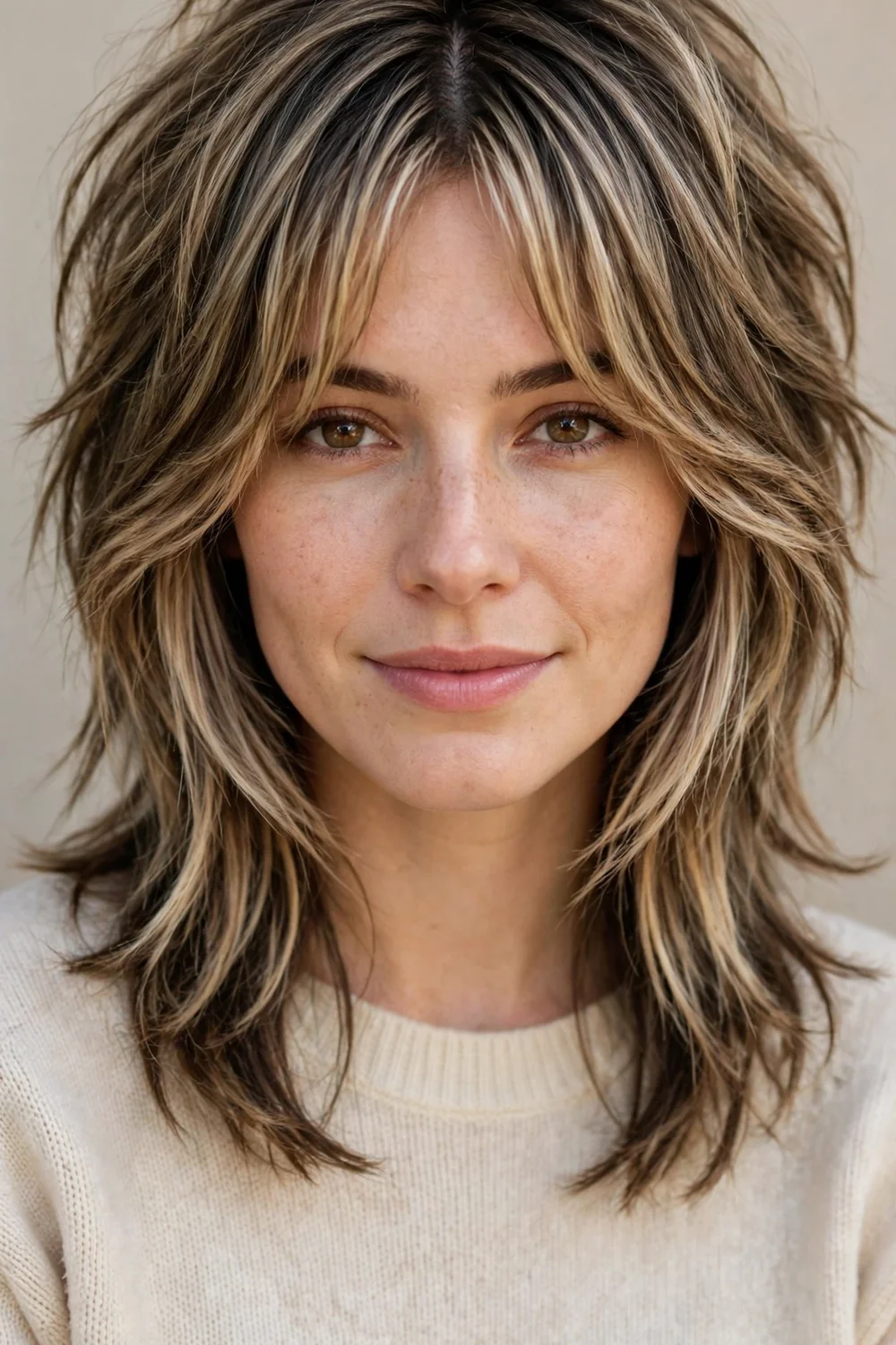 Woman in her late 20s with dark blonde medium shag and center-parted curtain bangs