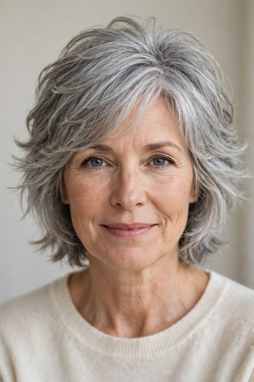 Woman in her early 50s with fine silver-streaked hair in a light feathered shag