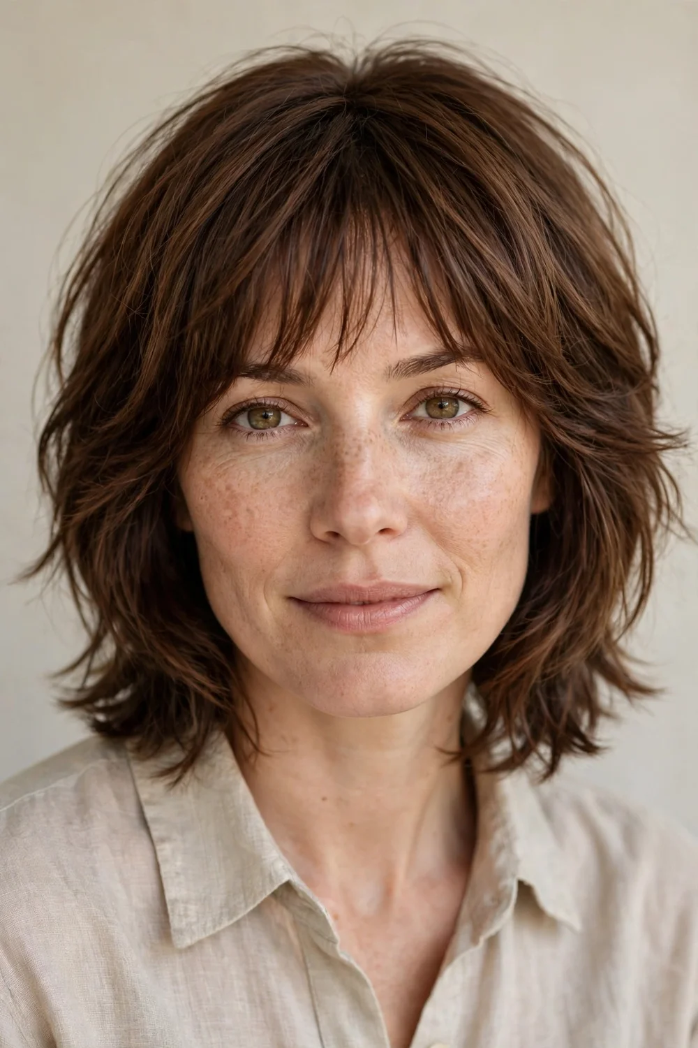 Woman in her 30s with chestnut brown hair in a soft French shag with brow-skimming fringe
