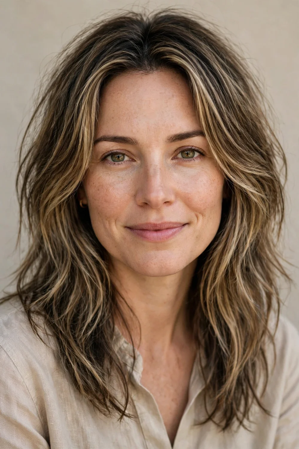 Woman in her 30s with dark blonde hair in a long grown-out shag with lived-in layers