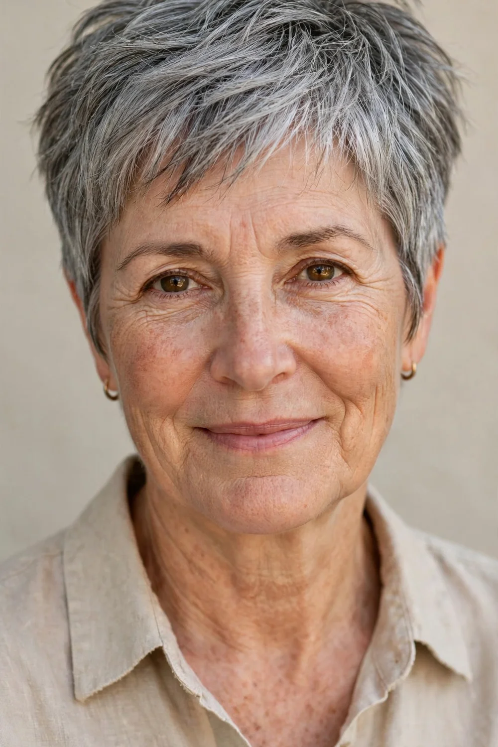 Woman in her 50s with gray hair in a short pixie shag with a feathered textured top