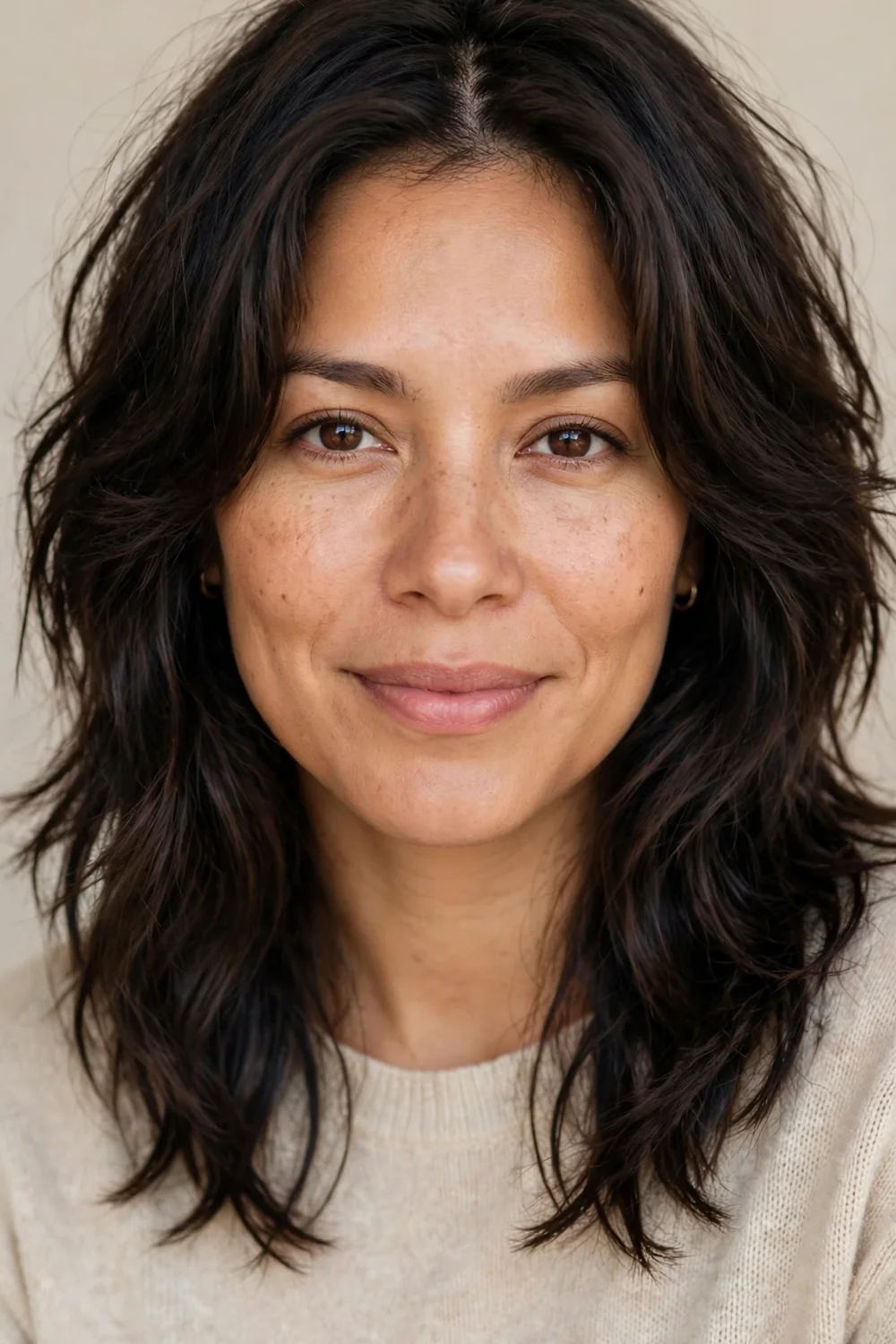 Latina woman in her 30s with dark brown collarbone-length shaggy lob with soft layers